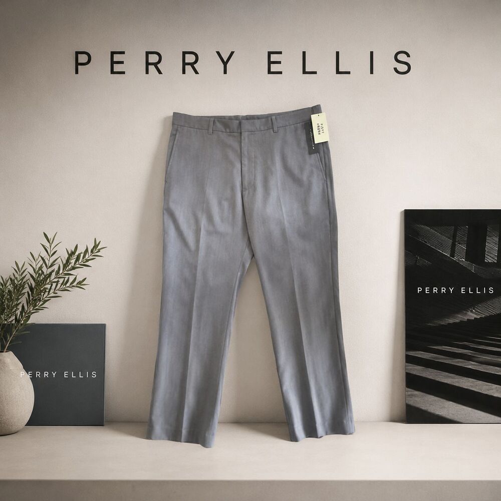 New Perry Ellis Dress Pants Trousers Men's 34x32 Gray Wrinkle Resistant $79.50